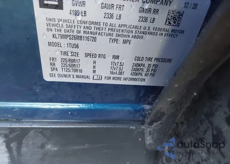 2021 Chevrolet Trailblazer Fwd Lt from USA, damaged, VIN KL79MPS26MB116720